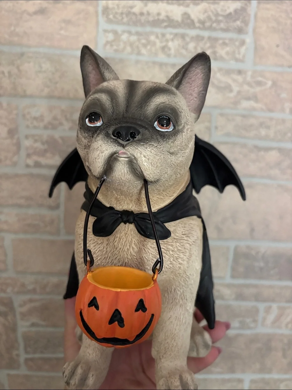 Halloween frenchie Figurine with Pumpkin Candy Bucket
